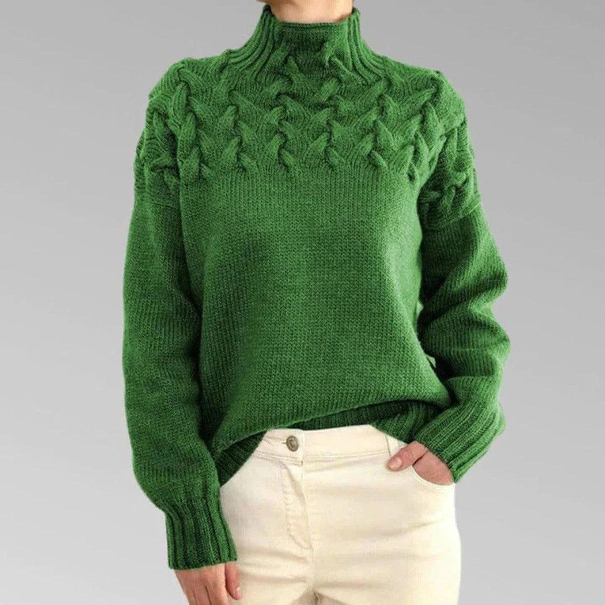 Long Sleeve Knitted Turtleneck Pullover Sweater with Ribbed Trim