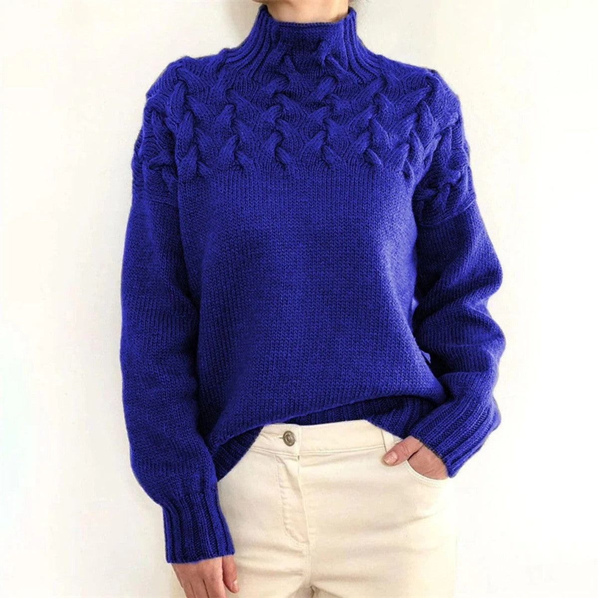 Long Sleeve Knitted Turtleneck Pullover Sweater with Ribbed Trim