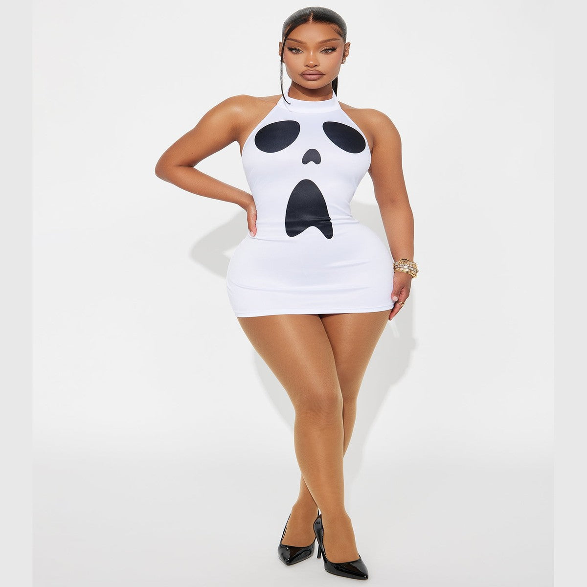 Bodycon Mini Dress with Ghost Print Graphic and High Neckline, Sleeveless