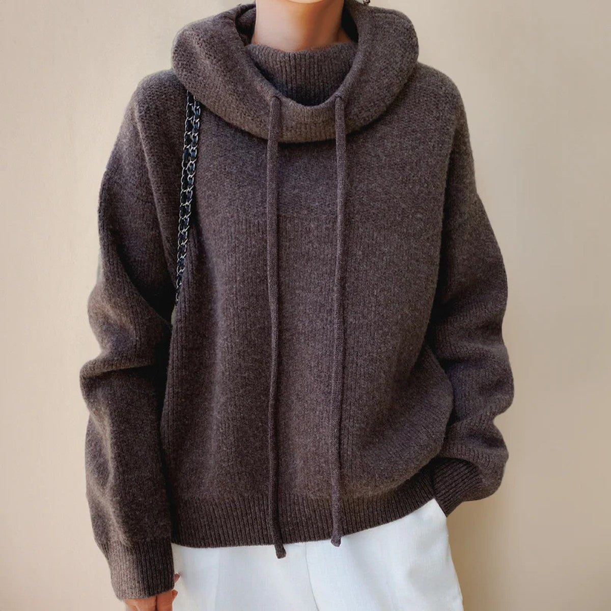 Womens High Neck Knit Pullover with Long Sleeves and Warm Ribbed Collar