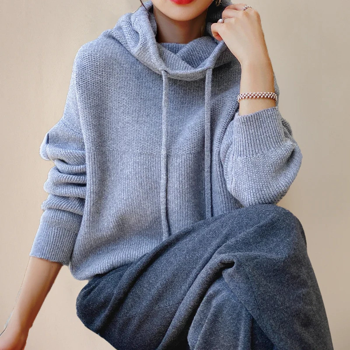 Womens High Neck Knit Pullover with Long Sleeves and Warm Ribbed Collar