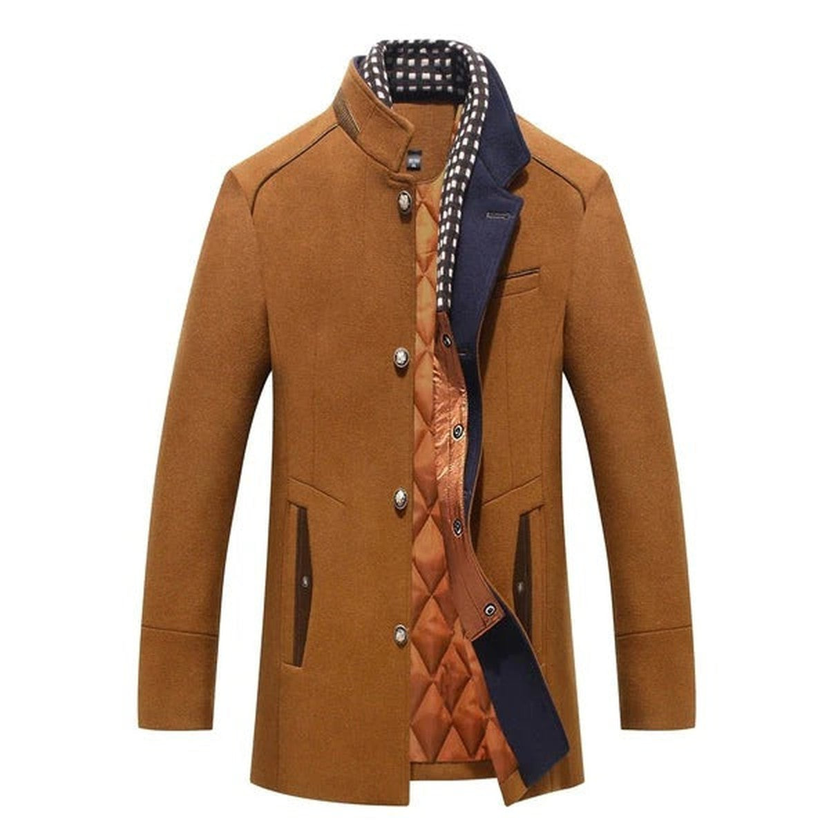 Classic Mens Wool Blend Overcoat with Notched Lapel and Button Closure