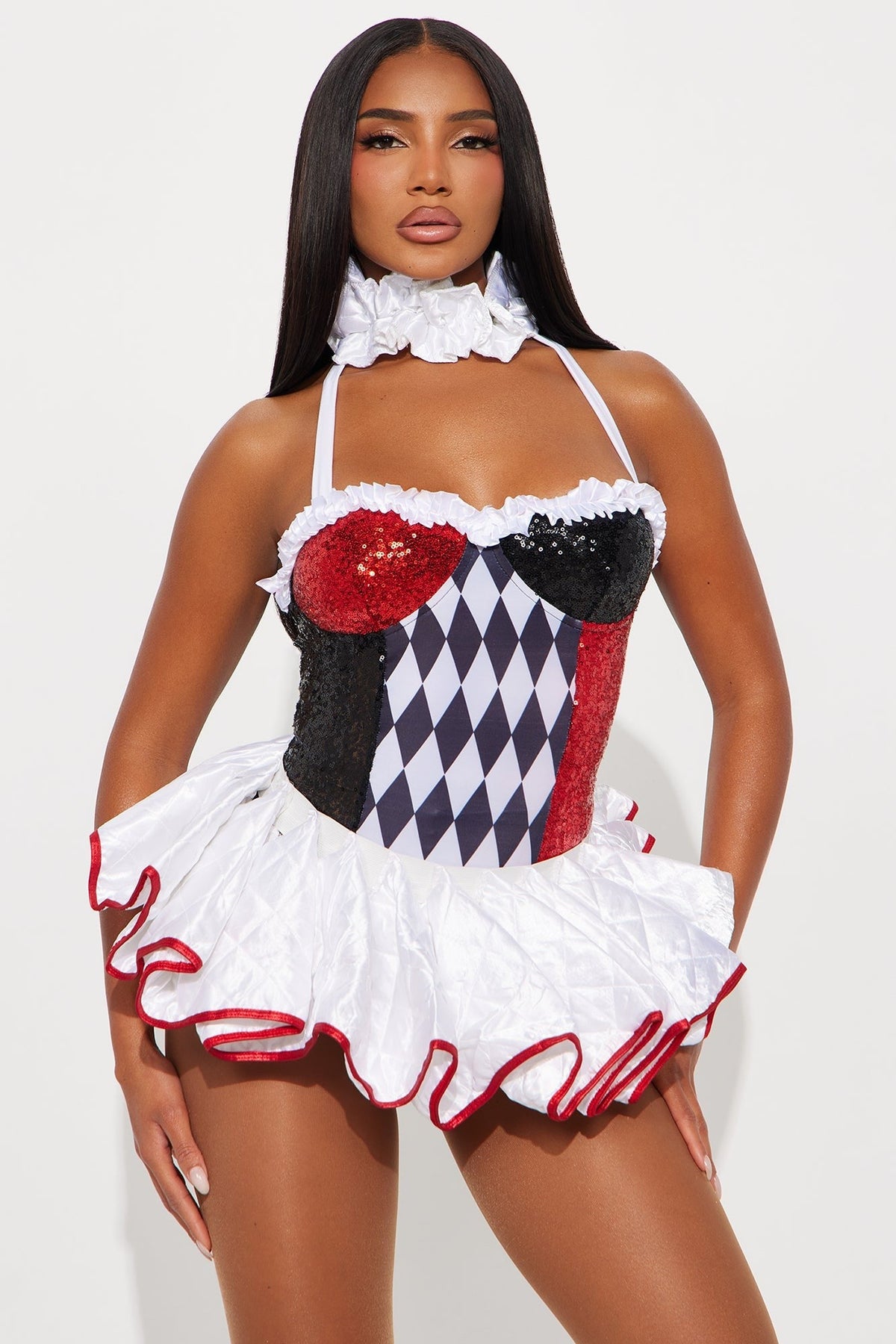 Women Circus Clown Dress Halloween Outfit with Pom Pom Accents and Collar