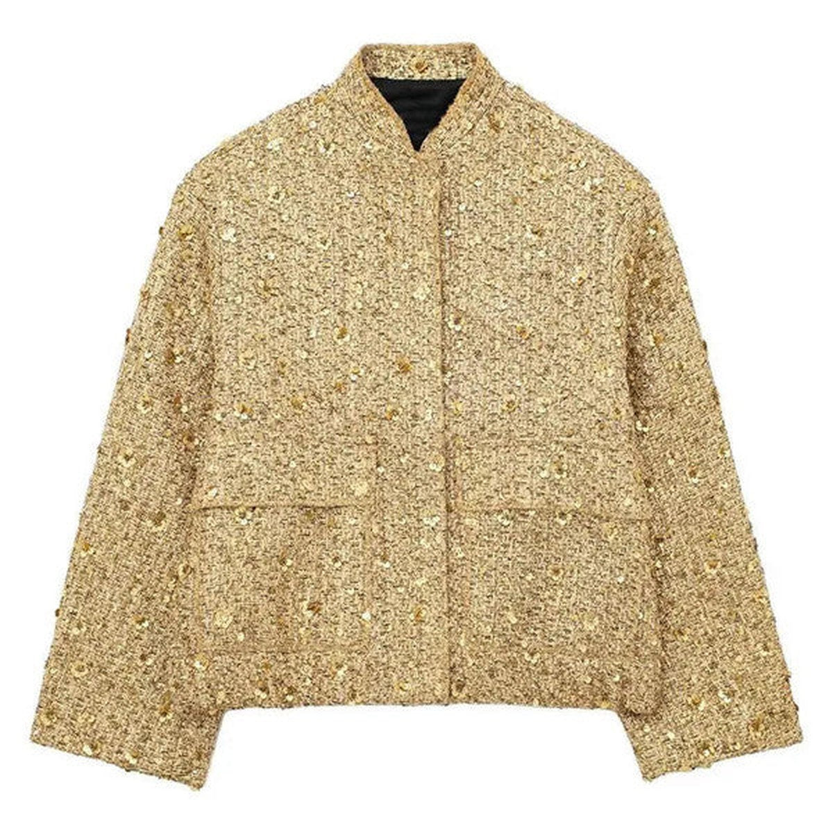 Sparkly Sequin Bomber Jacket with Metallic Ribbed Cuffs and Front Zipper