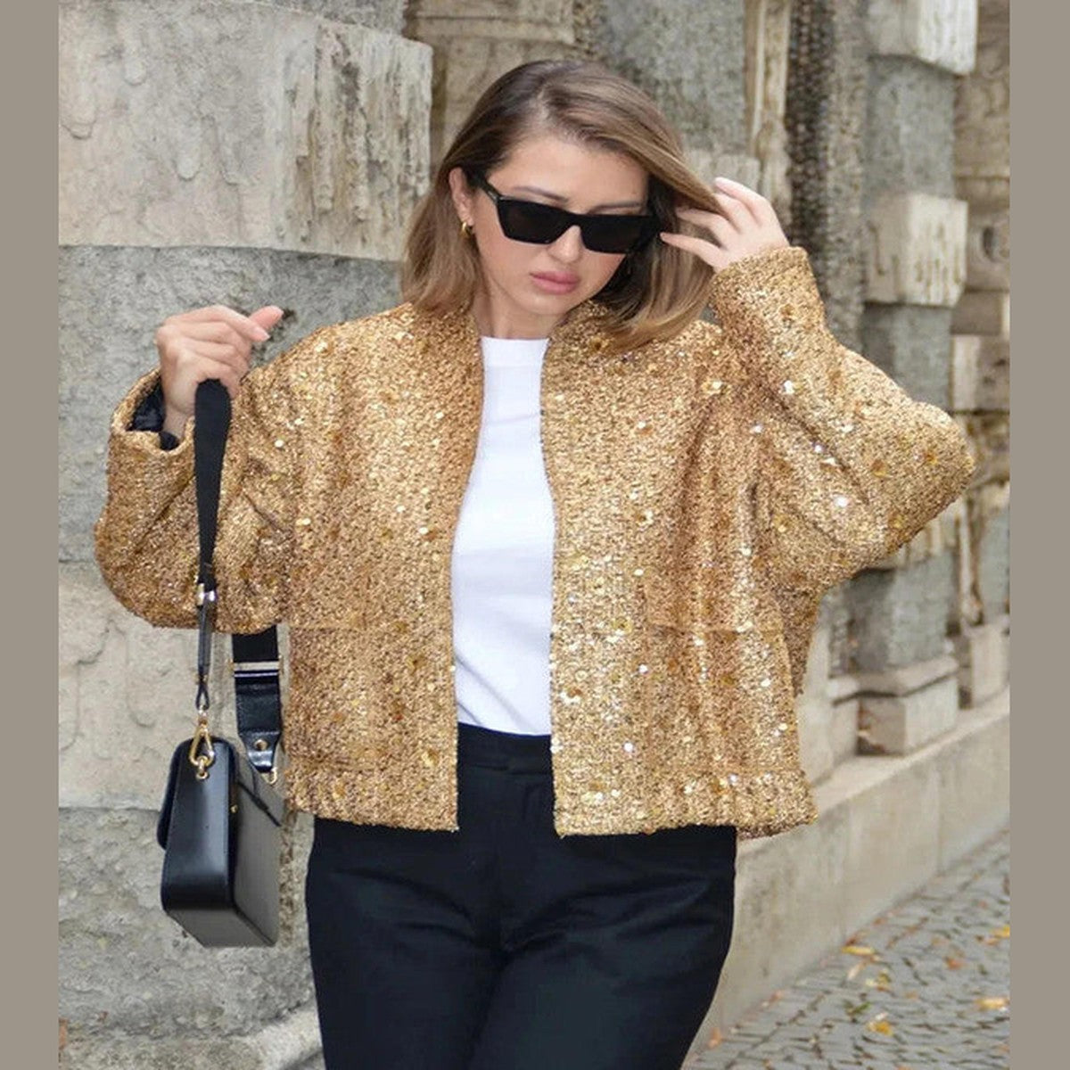 Sparkly Sequin Bomber Jacket with Metallic Ribbed Cuffs and Front Zipper