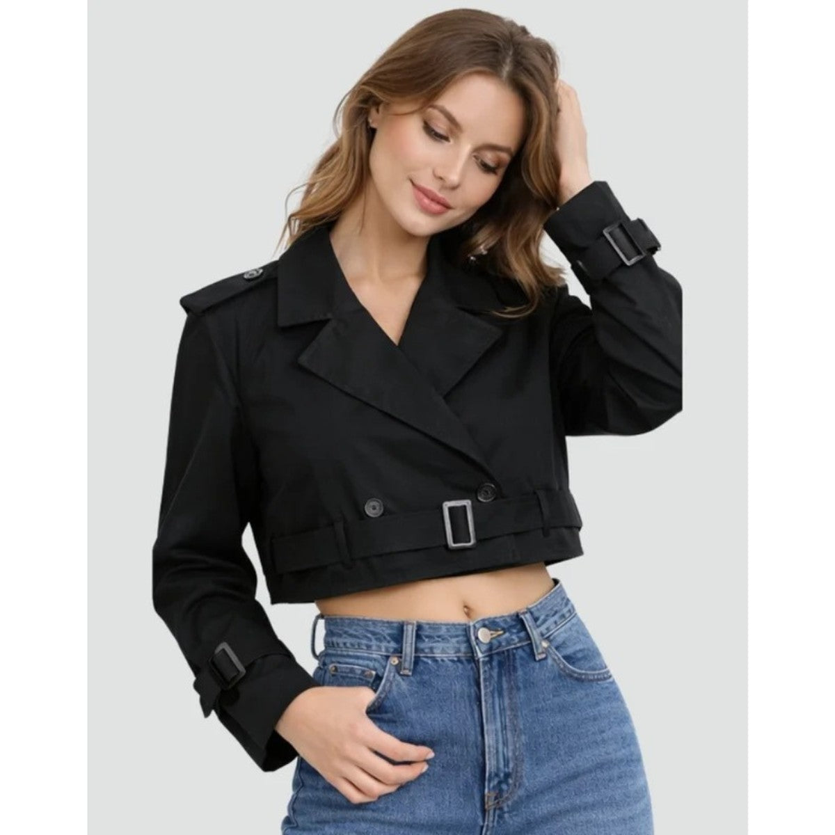 Double Breasted Short Trench Coat for Women with Waist Tie Belt