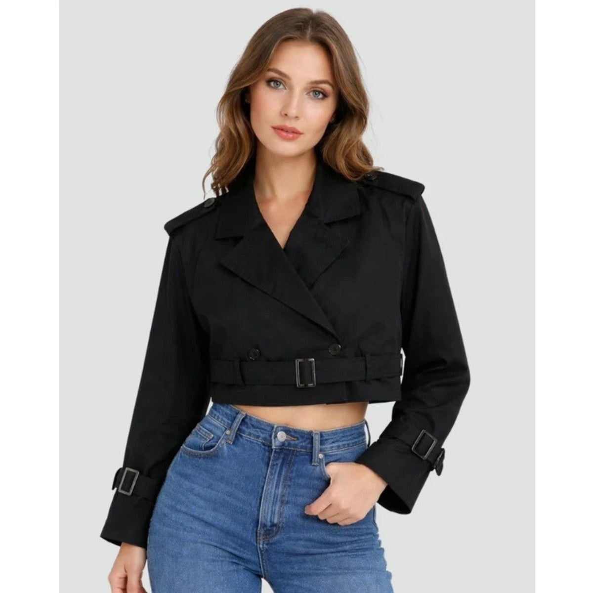 Double Breasted Short Trench Coat for Women with Waist Tie Belt