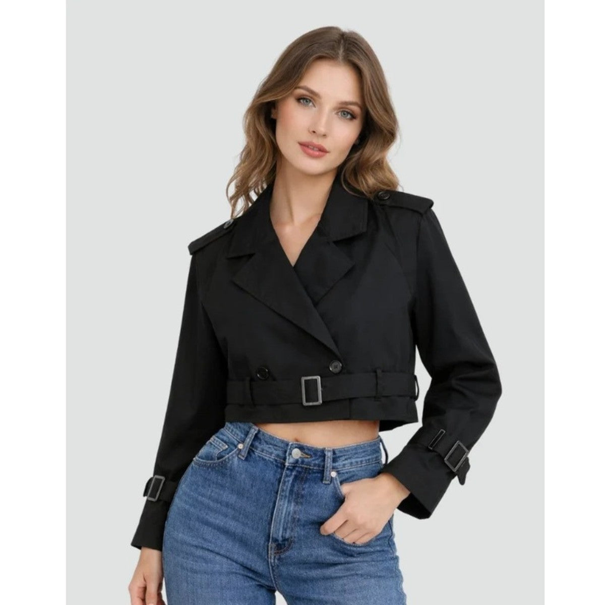 Double Breasted Short Trench Coat for Women with Waist Tie Belt