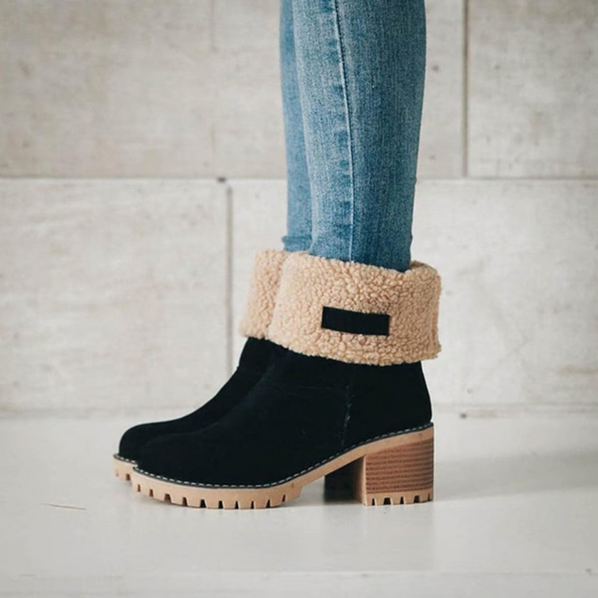 Chunky Block Heel Ankle Booties with Plush Faux Fur Trim and Lace Up Front