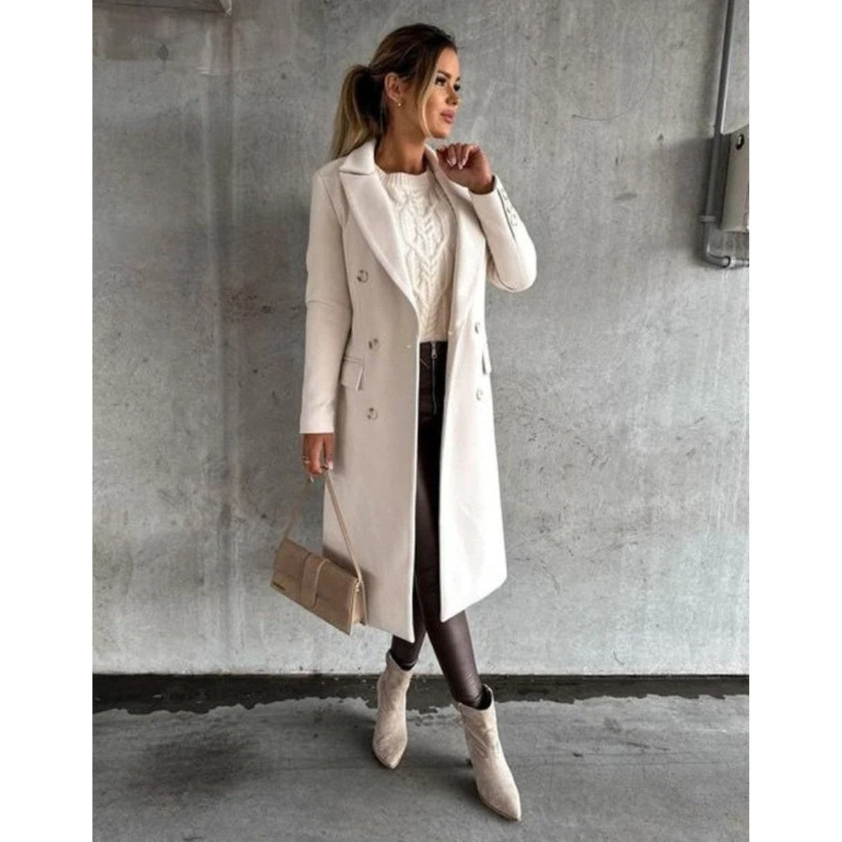 Double Breasted Long Trench Coat with Belt and Lapel Collar for Women