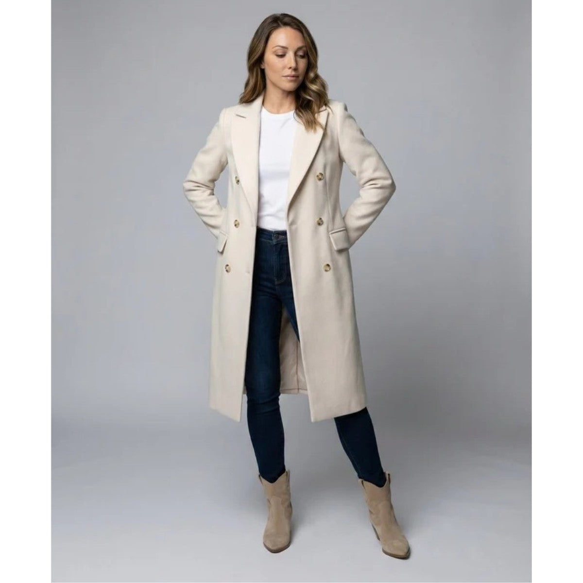 Double Breasted Long Trench Coat with Belt and Lapel Collar for Women