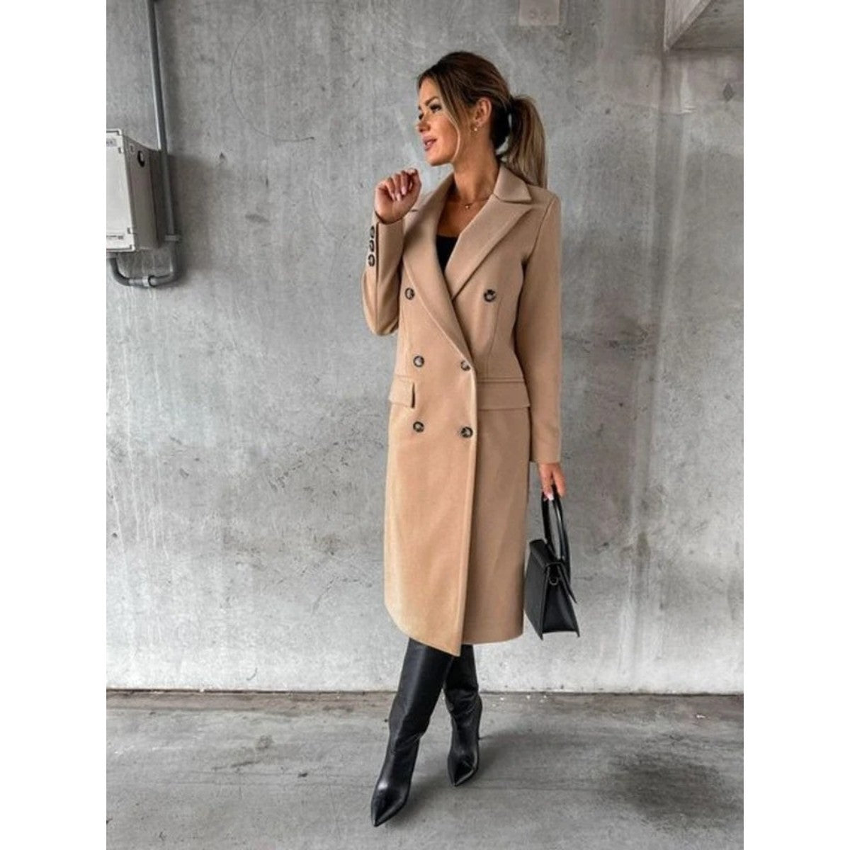 Double Breasted Long Trench Coat with Belt and Lapel Collar for Women