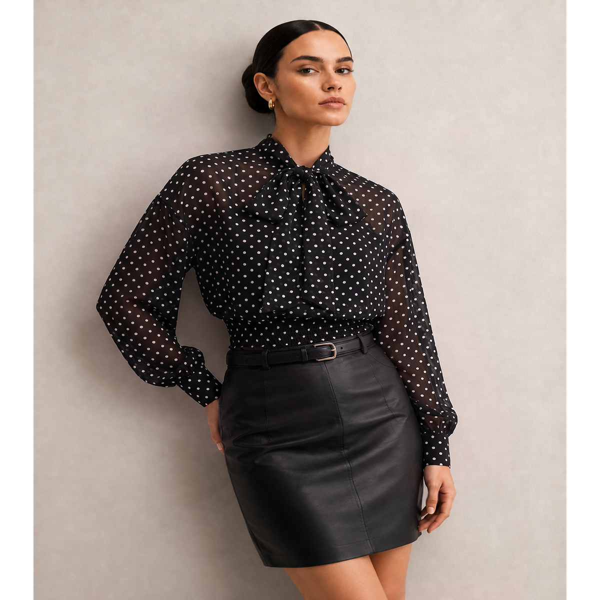 Women Sheer Mesh Long Sleeve Polka Dot Blouse with Tie Neck and Tube Top
