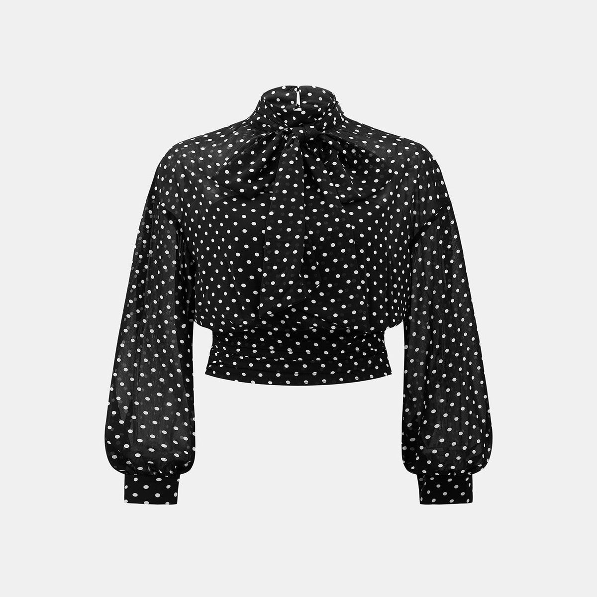 Women Sheer Mesh Long Sleeve Polka Dot Blouse with Tie Neck and Tube Top