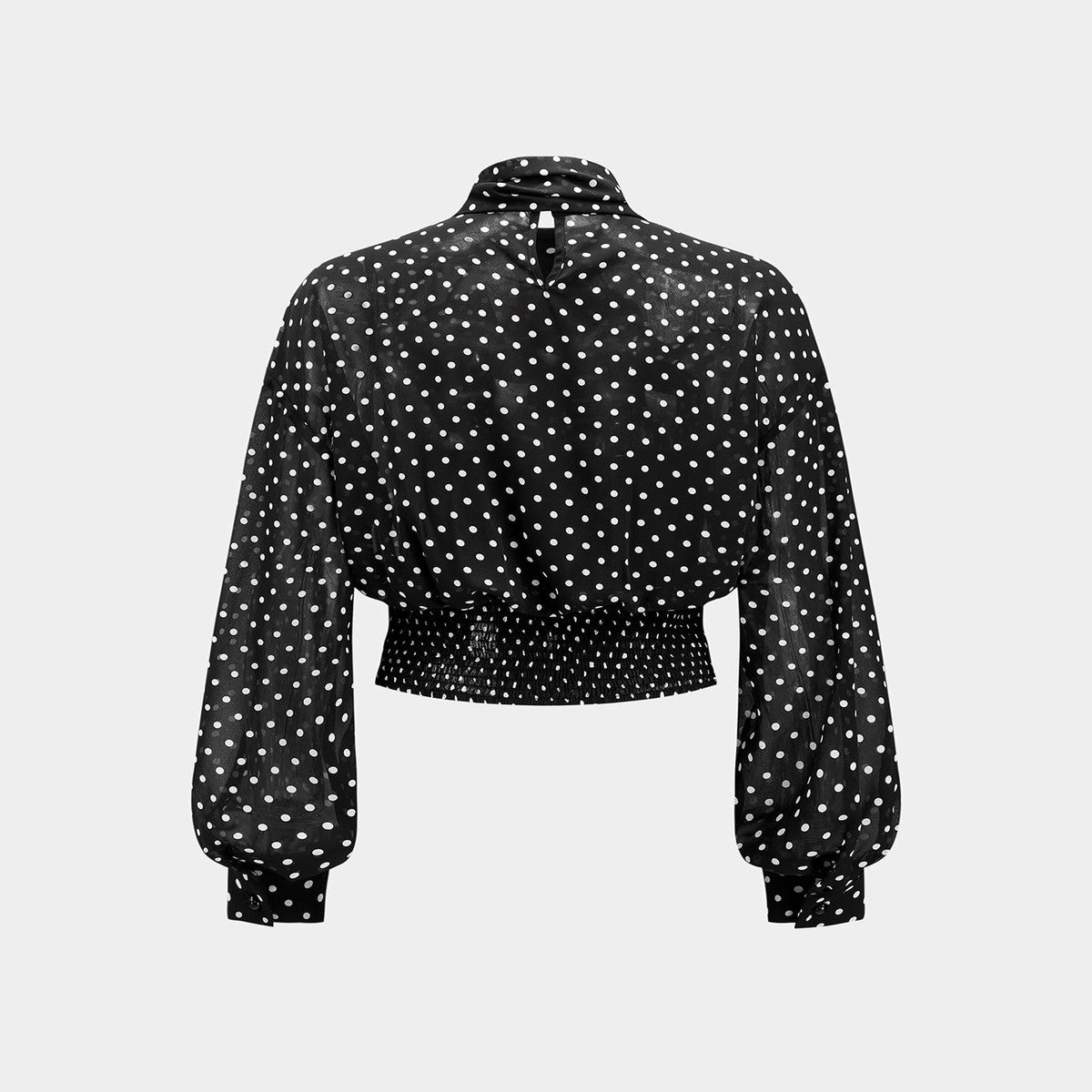 Women Sheer Mesh Long Sleeve Polka Dot Blouse with Tie Neck and Tube Top