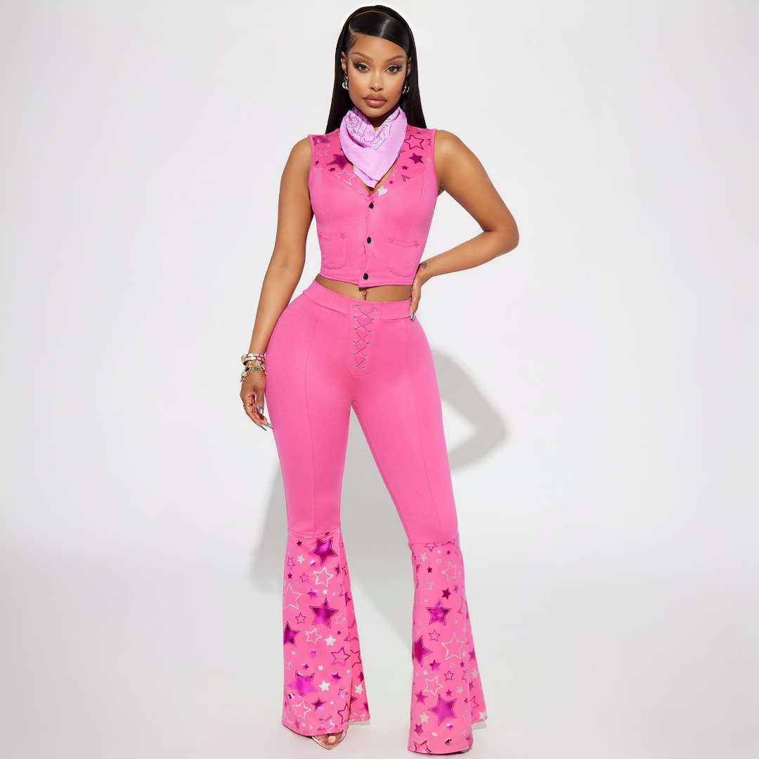 Pink Cowgirl Costume with Bell Bottom Chaps and Matching Bandana Set