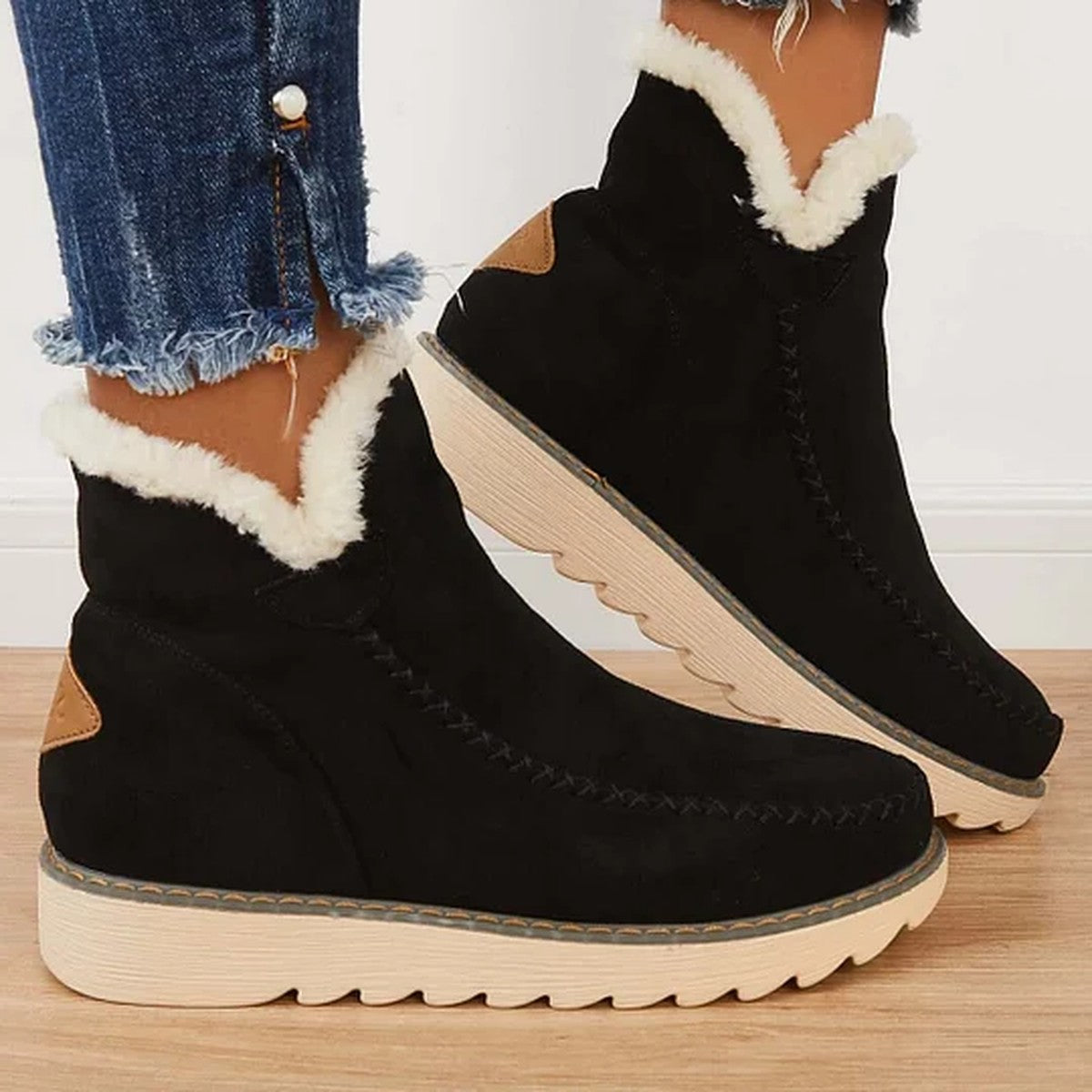 Women Warm Suede Ankle Boots with Faux Fur Lining and Side Zipper