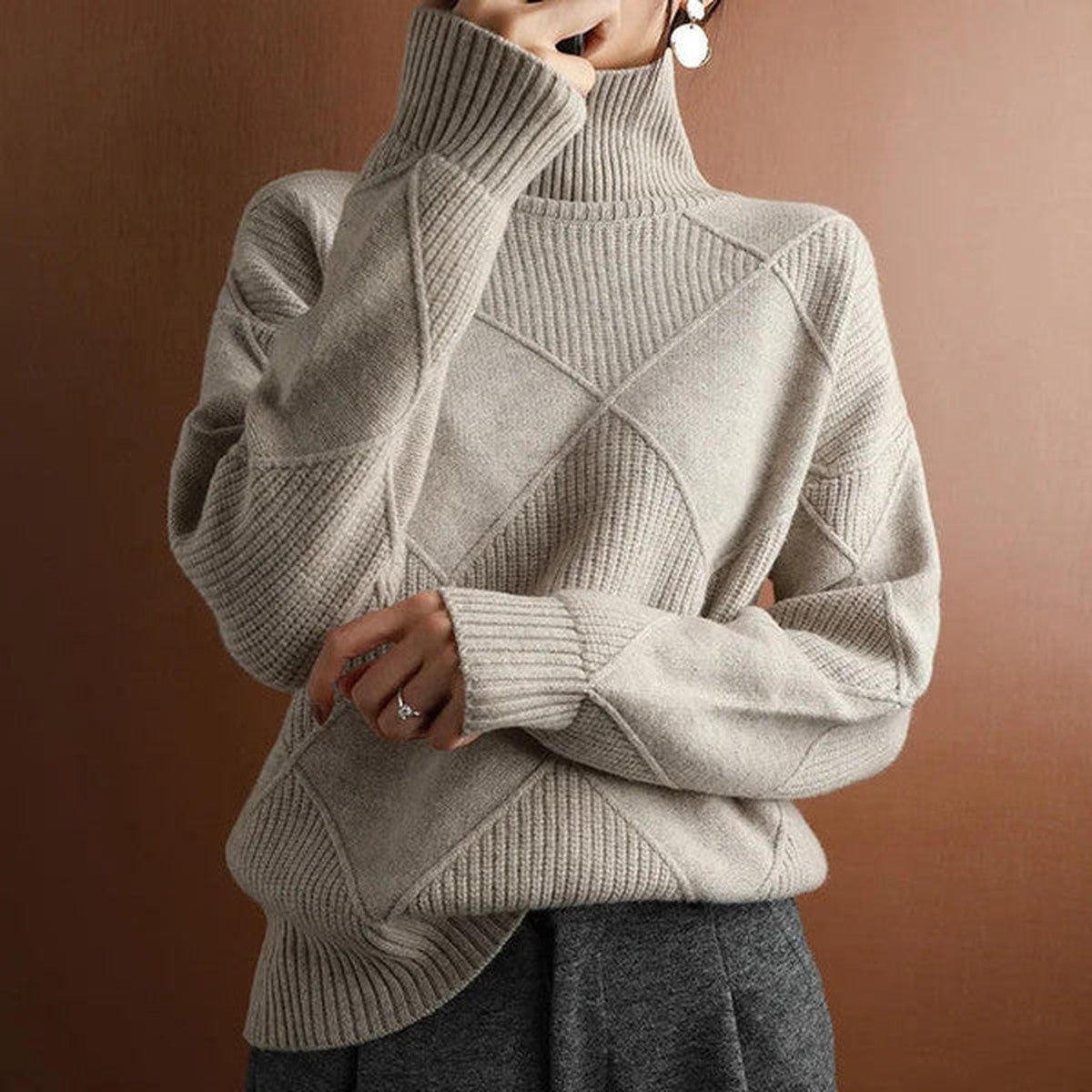 Men Long Sleeve Cashmere Knit Turtleneck Sweater with Ribbed Hem