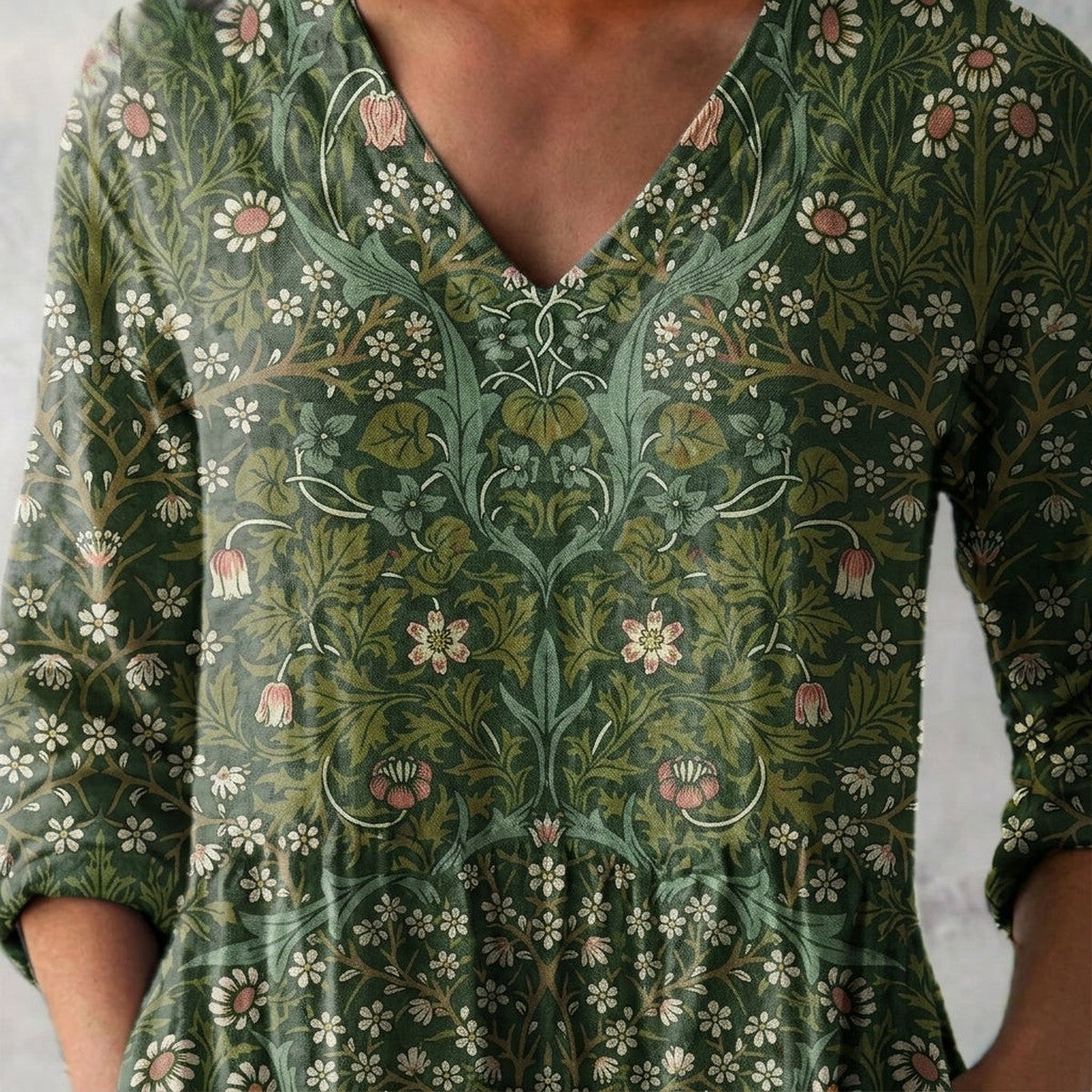 Casual Green Floral Blouse with Collared V Neck and Long Sleeves