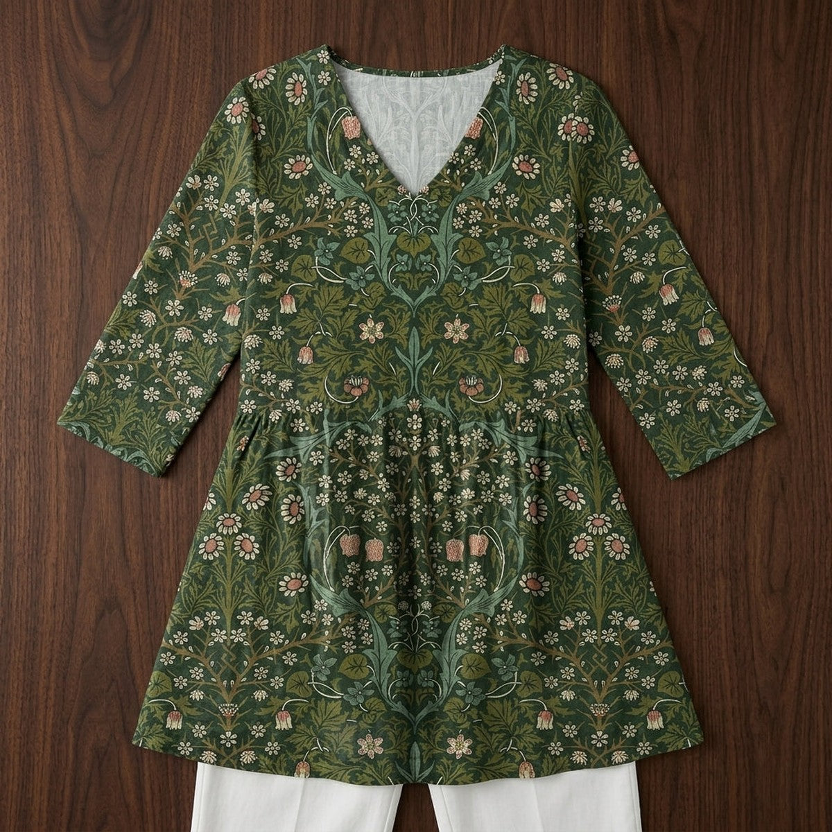 Casual Green Floral Blouse with Collared V Neck and Long Sleeves