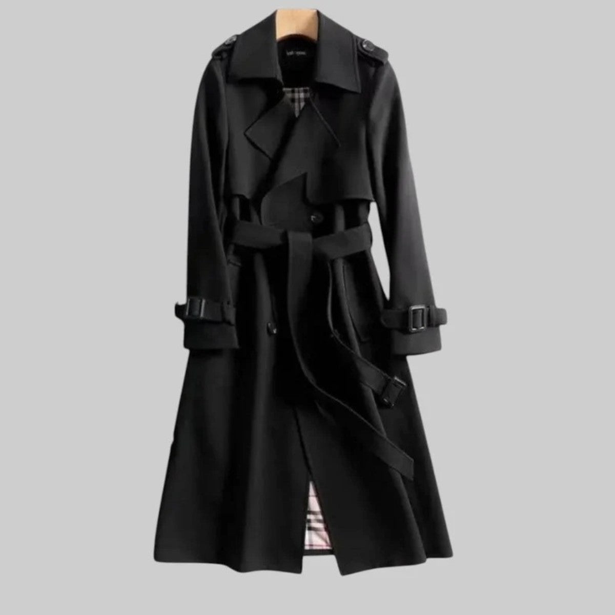 Long Double Breasted Trench Coat for Women with Removable Hood and Waist Belt