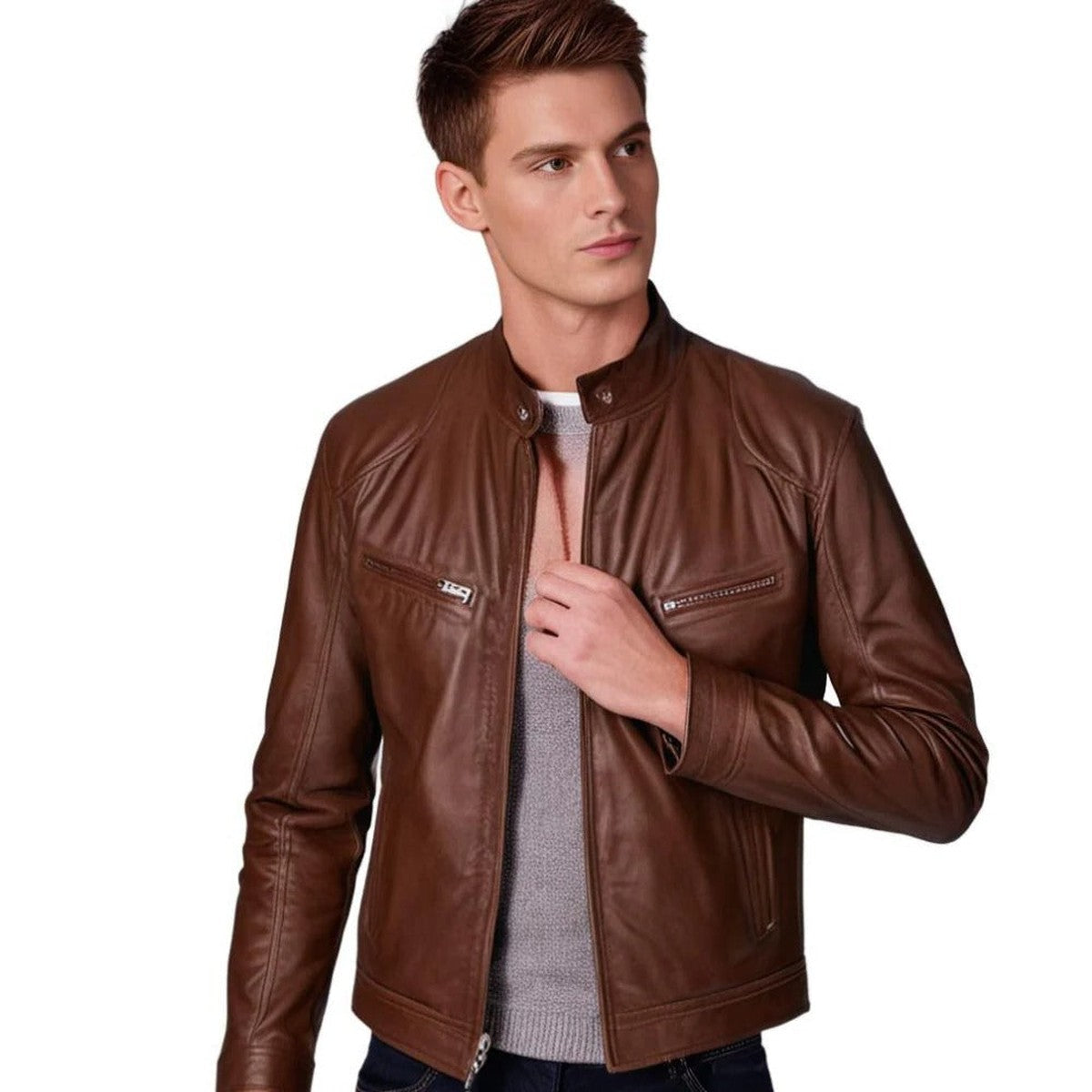 Leather Motorcycle Biker Jacket for Men with Quilted Shoulders and Zip Pockets