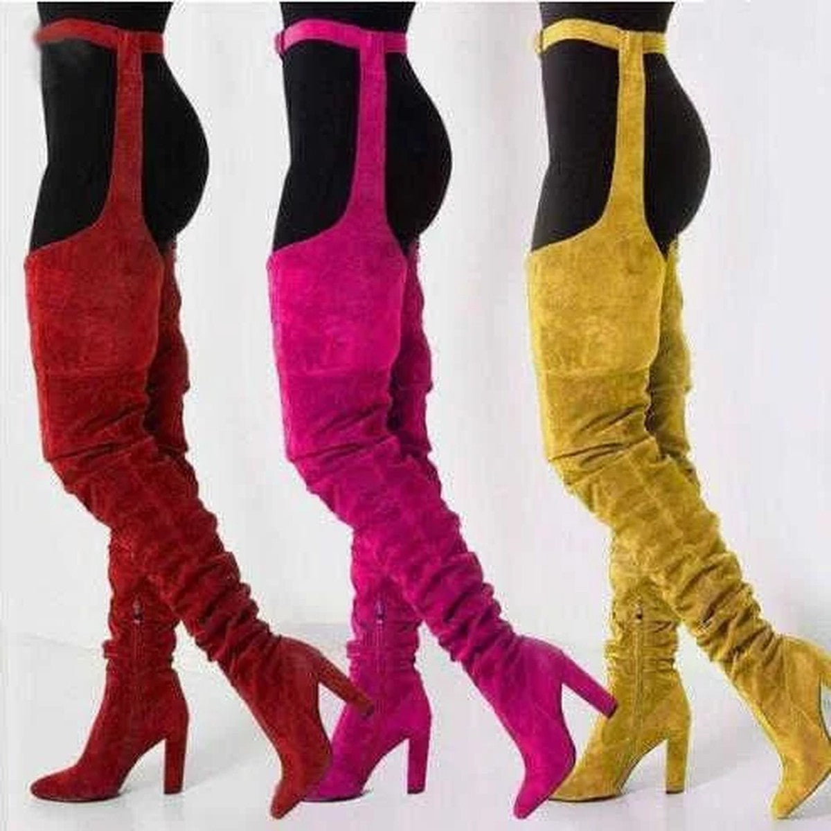 Faux Suede Thigh High Boots with Adjustable Waist Belt and Block Heel