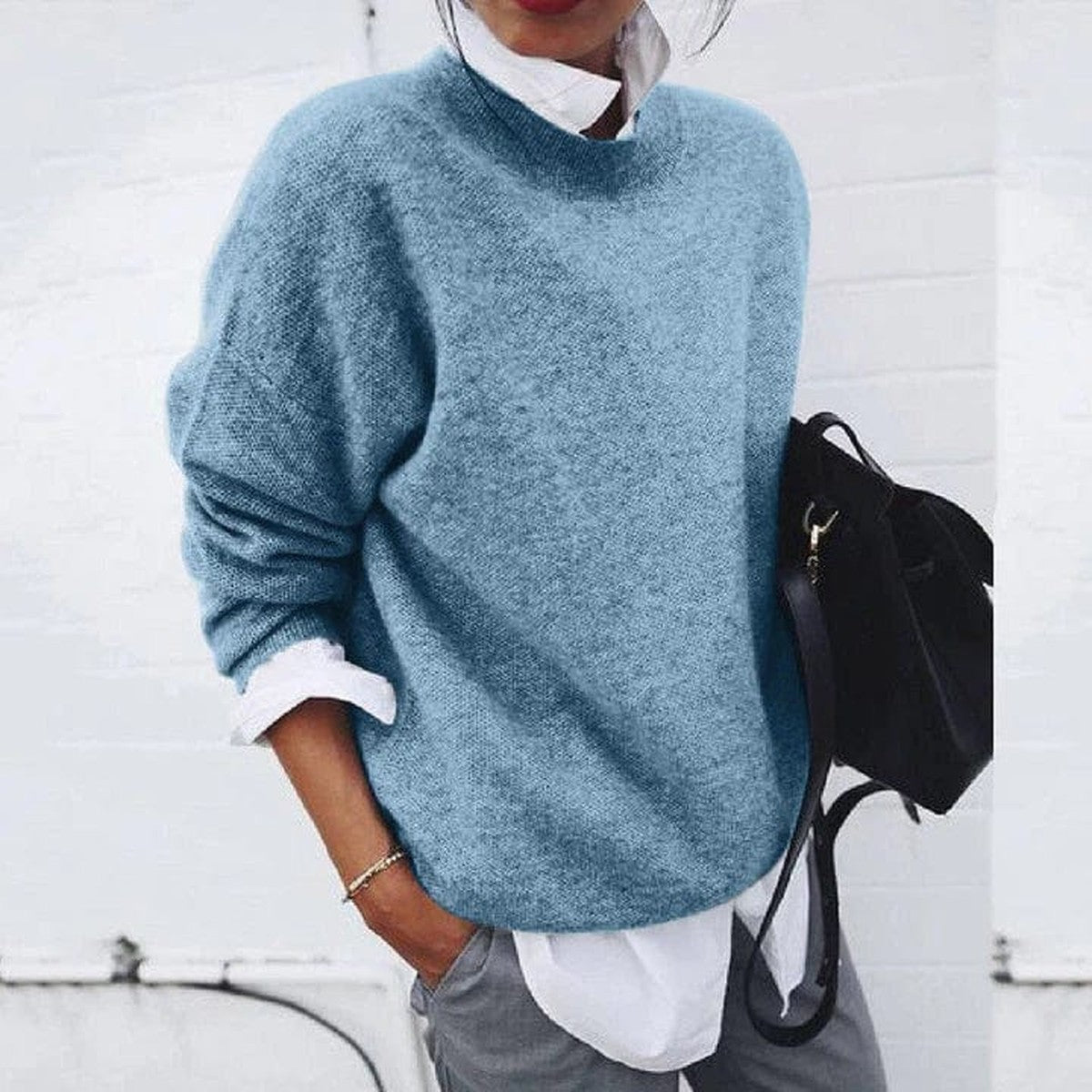 Long Sleeve Crewneck Cashmere Sweater with Ribbed Cuffs and Hem