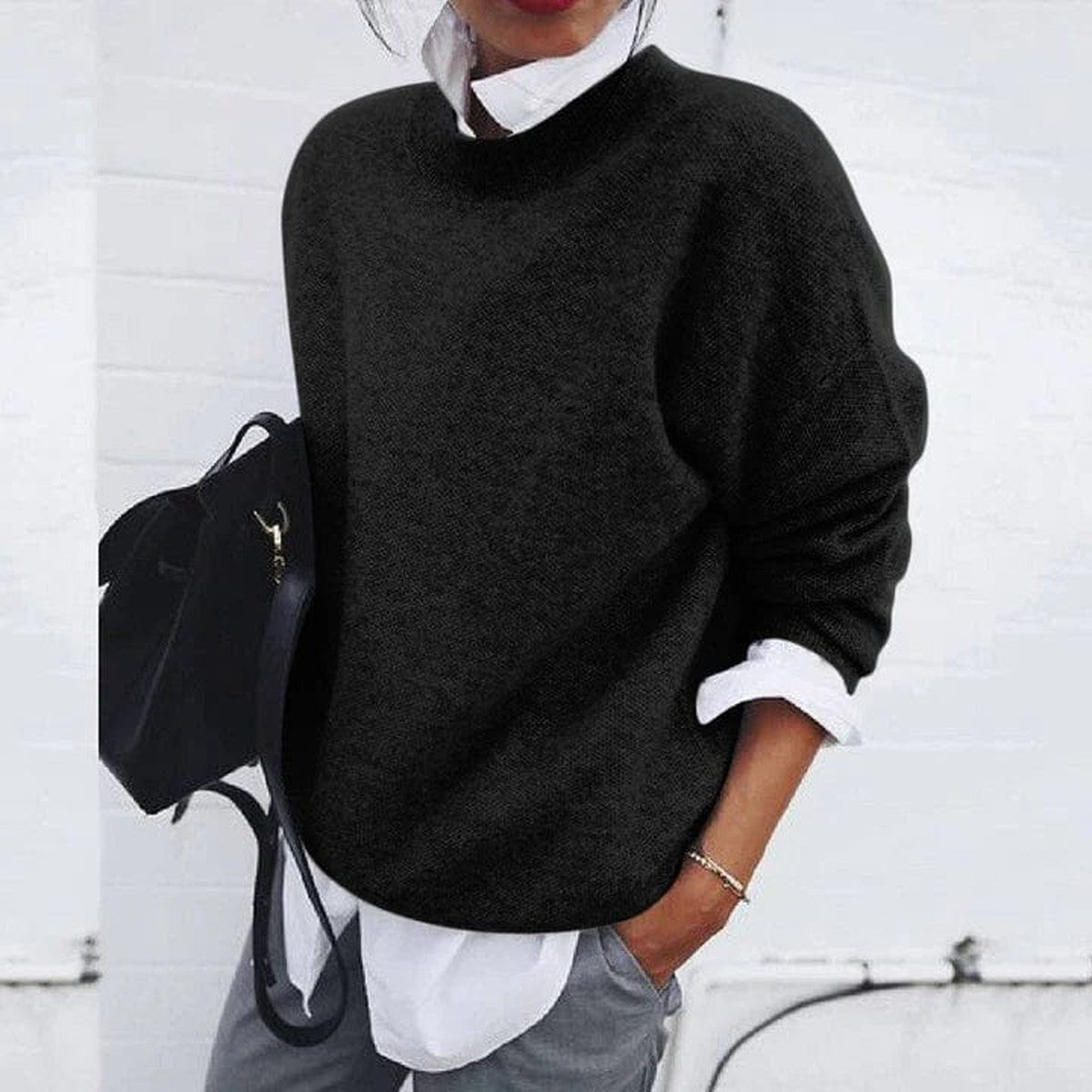 Long Sleeve Crewneck Cashmere Sweater with Ribbed Cuffs and Hem