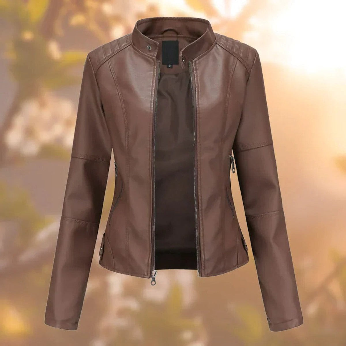Women Faux Leather Biker Jacket with Lapel Collar and Adjustable Waist Belt