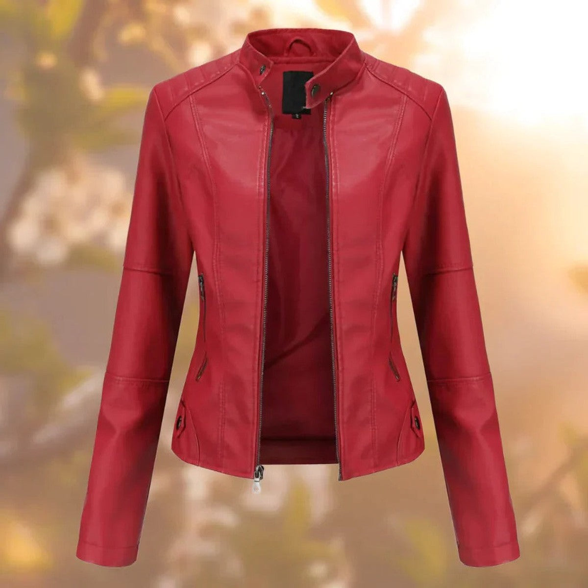Women Faux Leather Biker Jacket with Lapel Collar and Adjustable Waist Belt