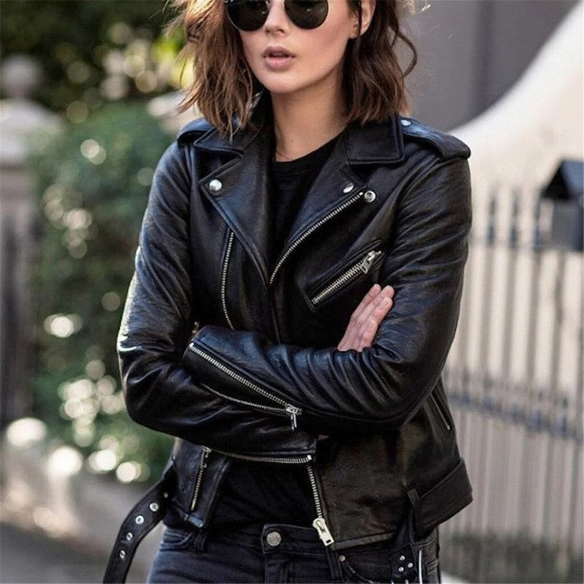 Casual Faux Leather Jacket with Stand Collar and Zip Front