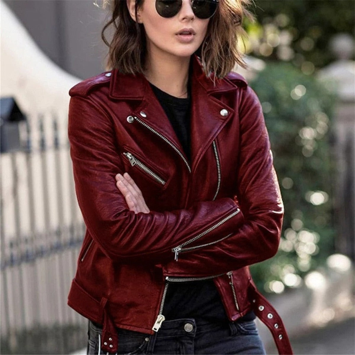Casual Faux Leather Jacket with Stand Collar and Zip Front