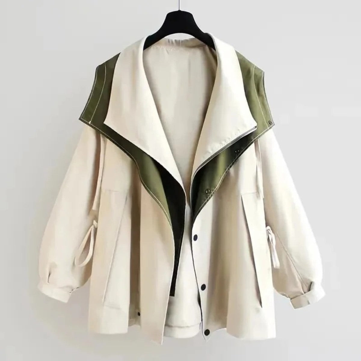 Women Oversized Trench Coat with Double Breasted Closure and Waist Belt