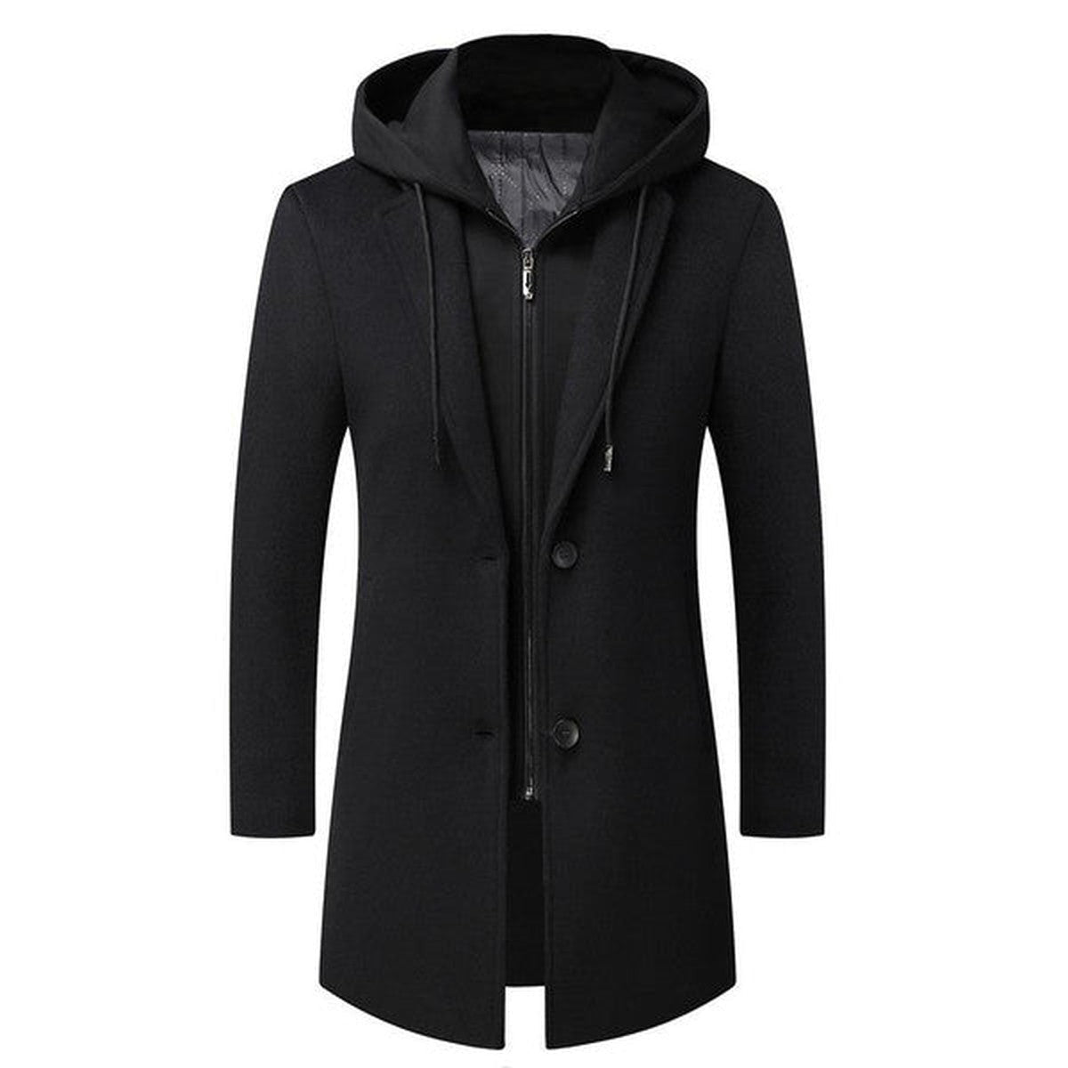 Mens Wool Blend Trench Coat with Detachable Hooded Bib Layer