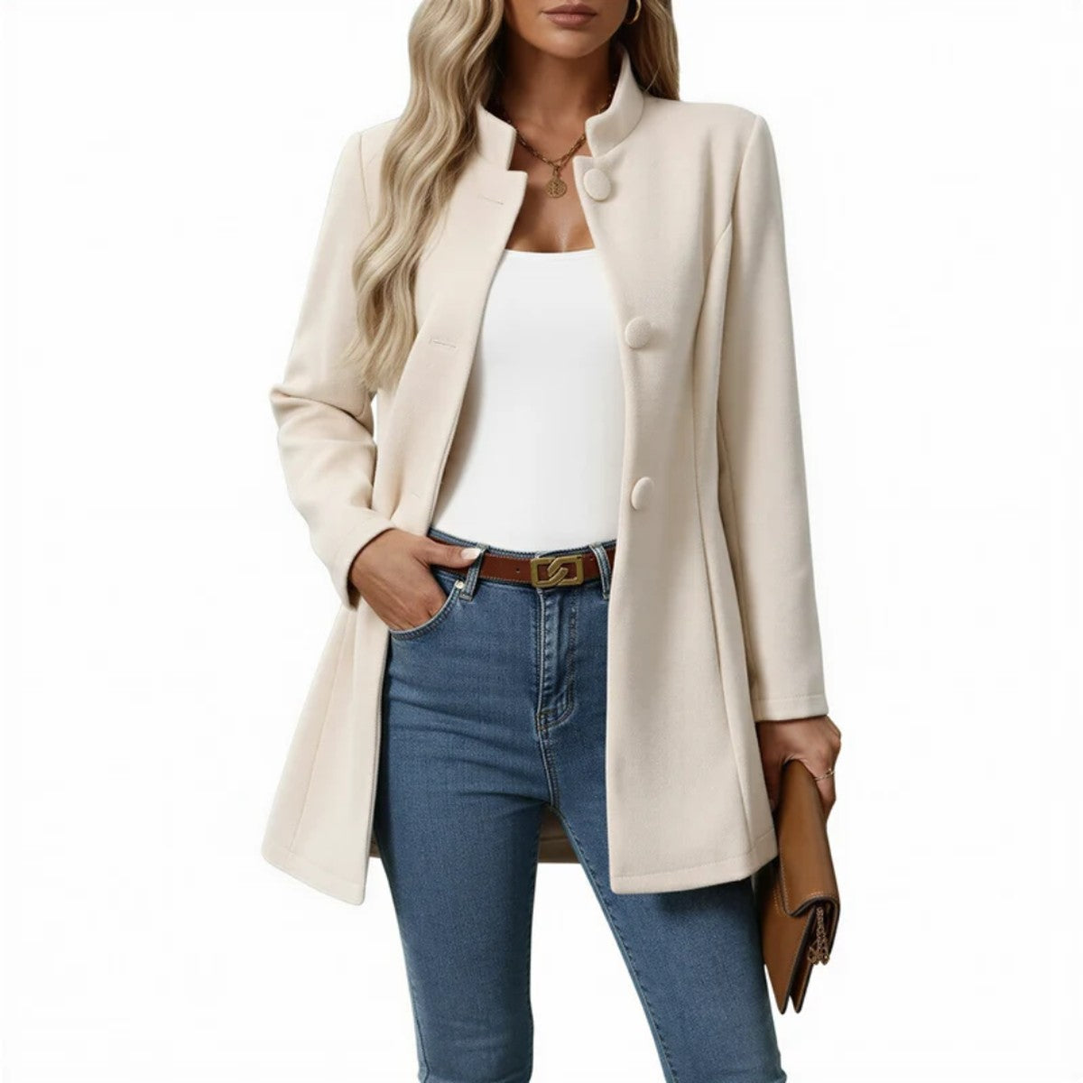 Women Long Trench Coat with Belt and Double Breasted Lapel Collar