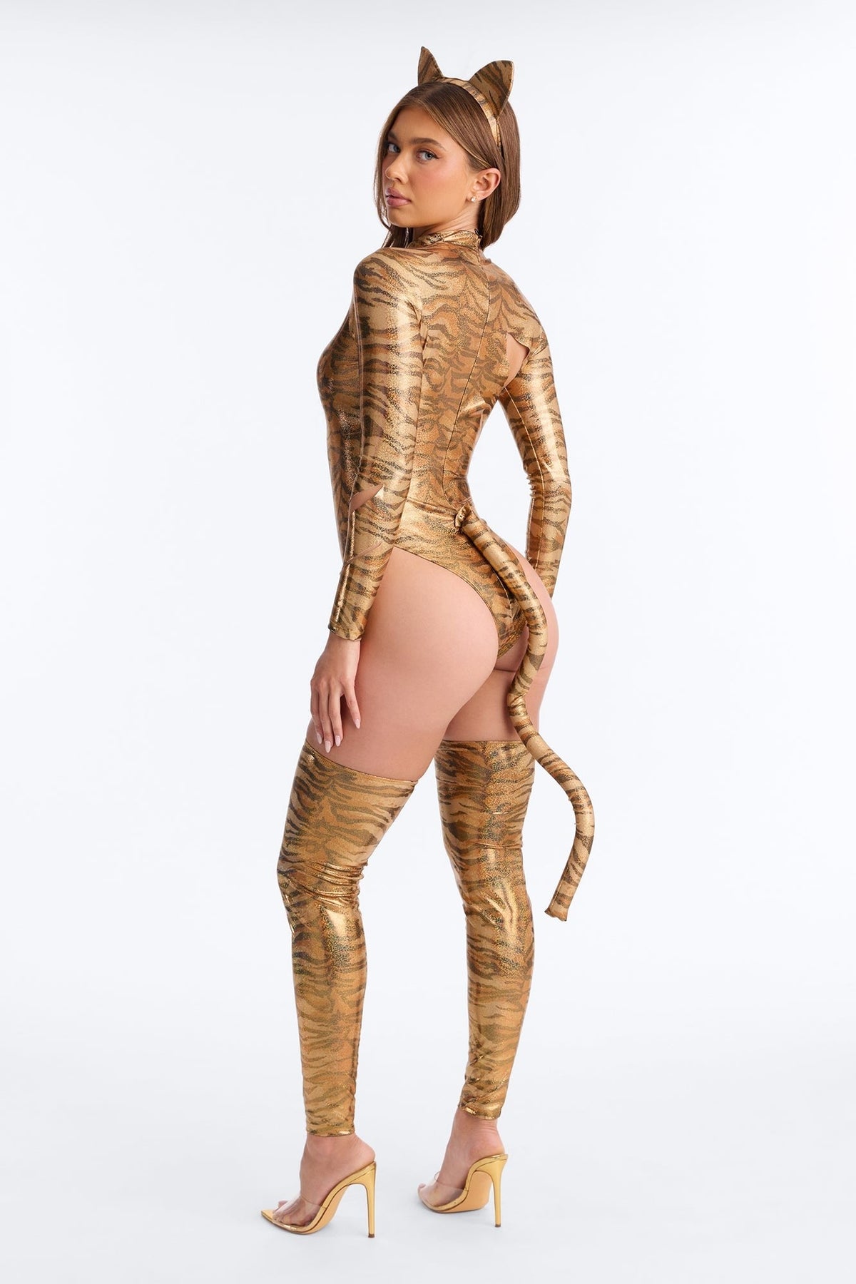 Faux Fur Cavewoman Halloween Costume with Bone Headband and Leg Warmers