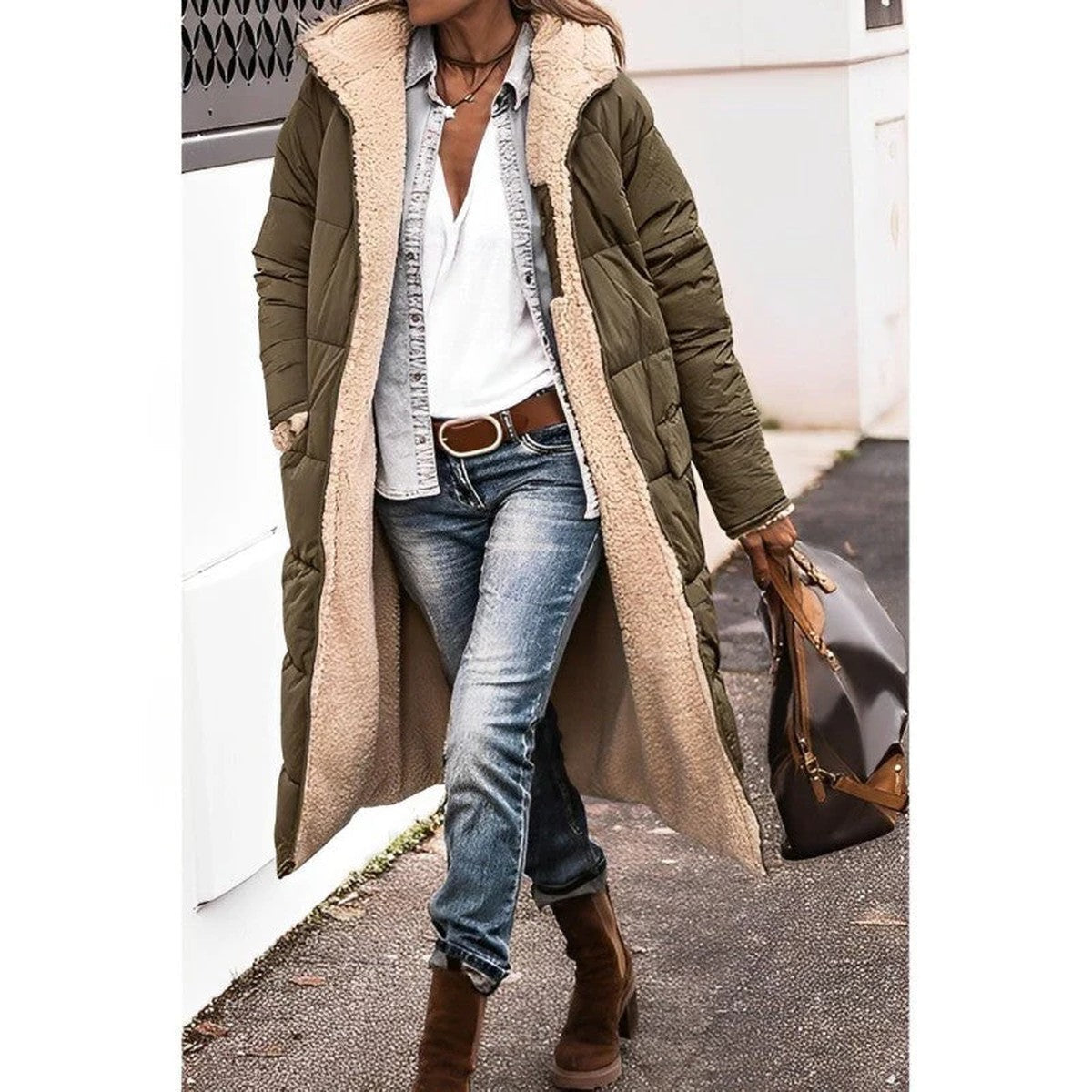 Women Fuzzy Fleece Longline Hooded Coat with Front Pockets for Winter Warmth