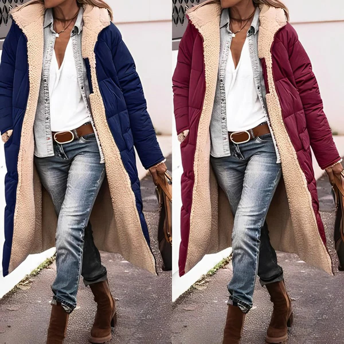Women Fuzzy Fleece Longline Hooded Coat with Front Pockets for Winter Warmth