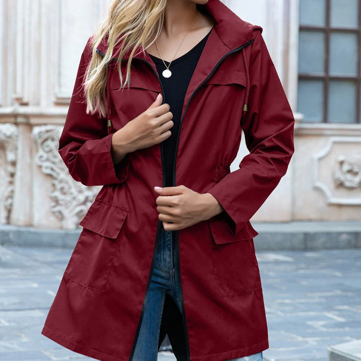 Long Sleeve Hooded Trench Coat with Front Asymmetric Zipper Closure