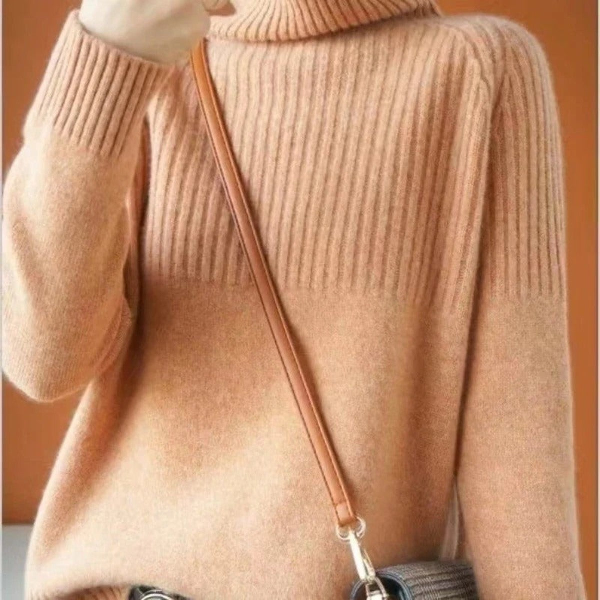 Long Sleeve Knitted Turtleneck Jumper with Ribbed Cuffs and Hem