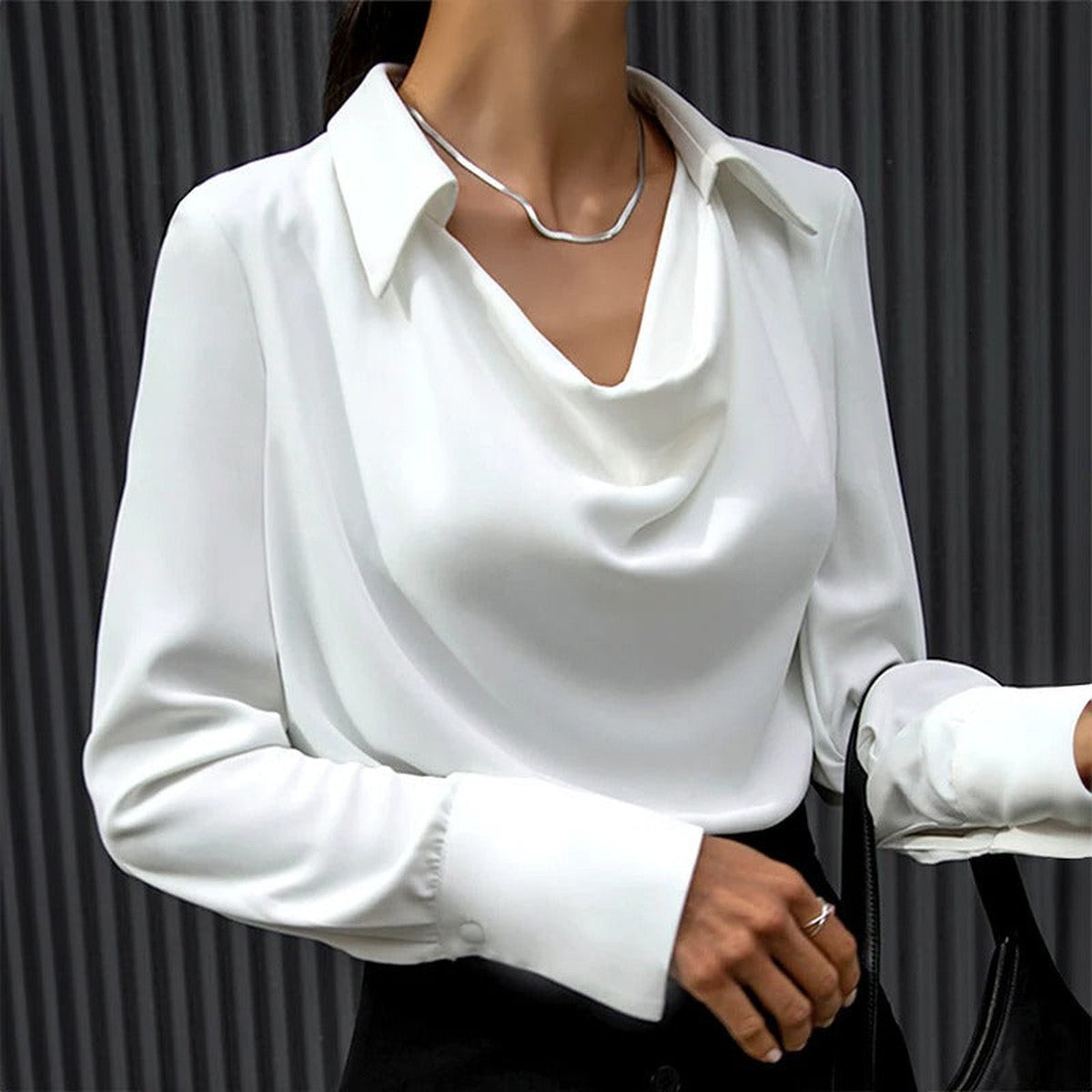 Short Sleeve Silk Satin Button Up Blouse with Classic Collared Neck