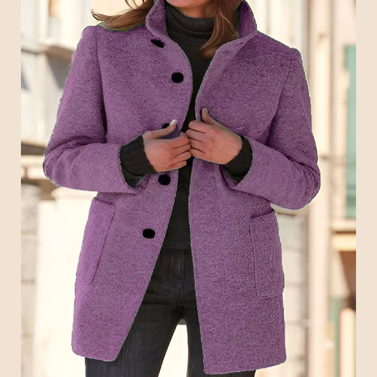 Mid Length Wool Trench Coat with Notch Lapel and Button Front