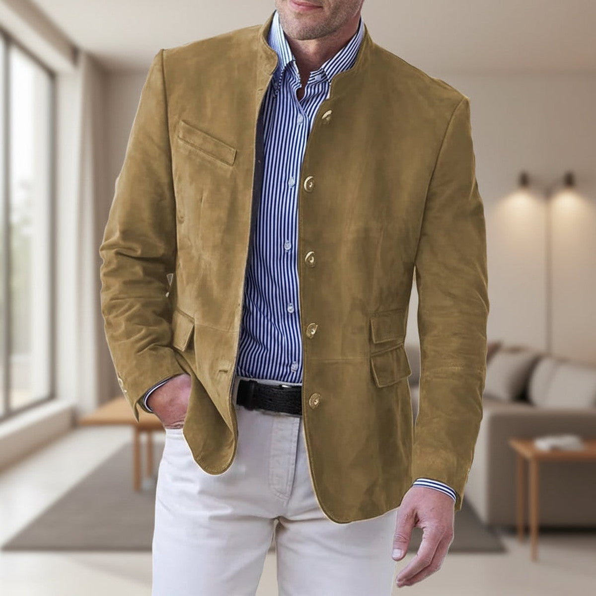 Classic Men Suit Jacket with Two Button Closure and Notch Lapel