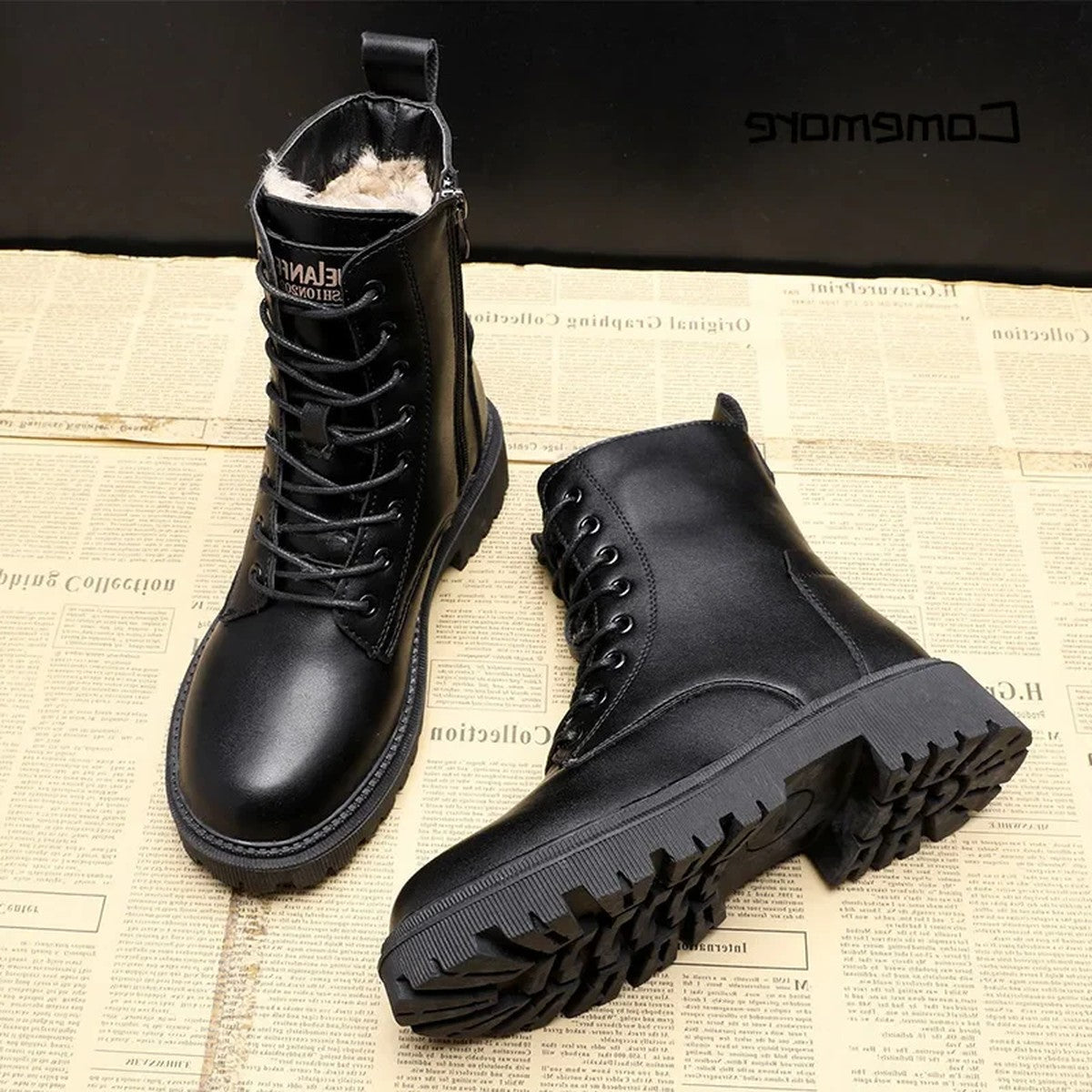 Women Chunky Ankle Boots with Buckle Strap and Warm Fleece Lining