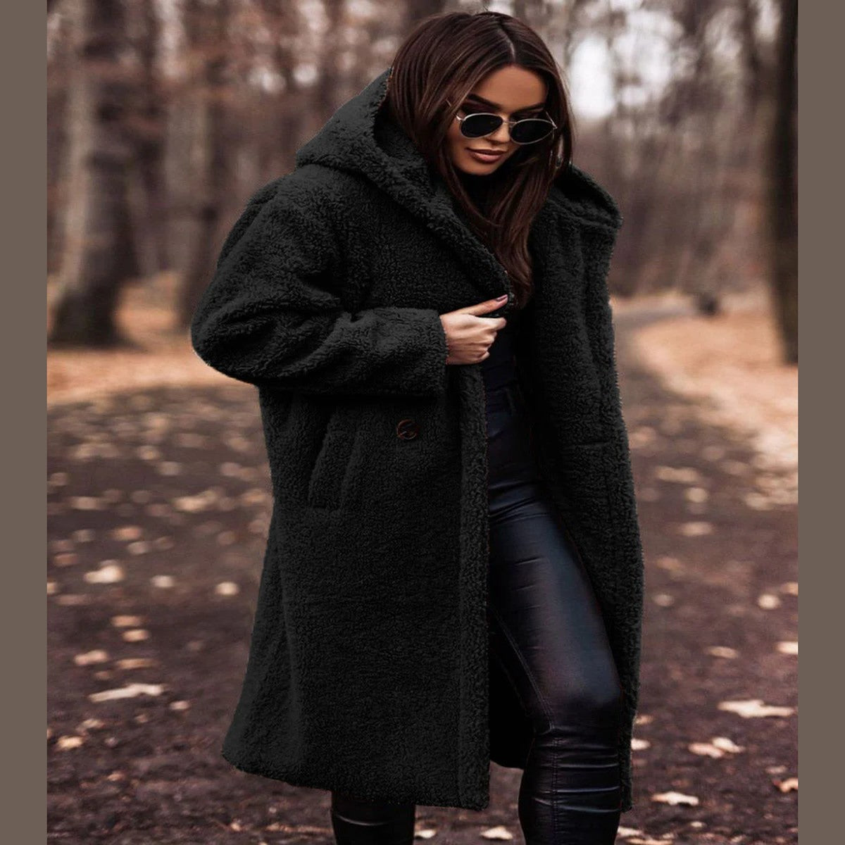 Plush Fleece Longline Hooded Winter Coat with Front Zipper and Deep Pockets
