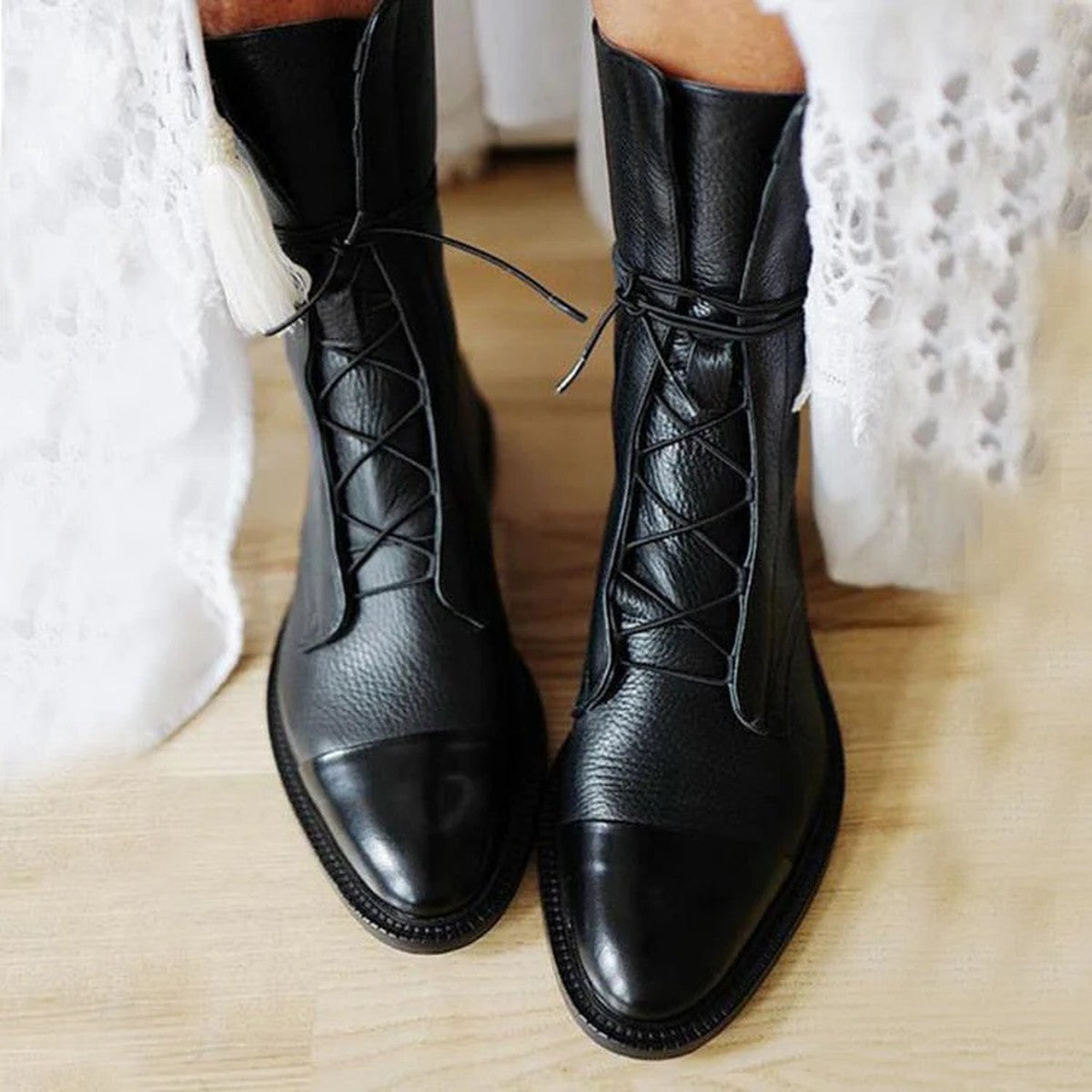 Chunky Block Heel Ankle Booties with Lace Up Front and Side Zipper