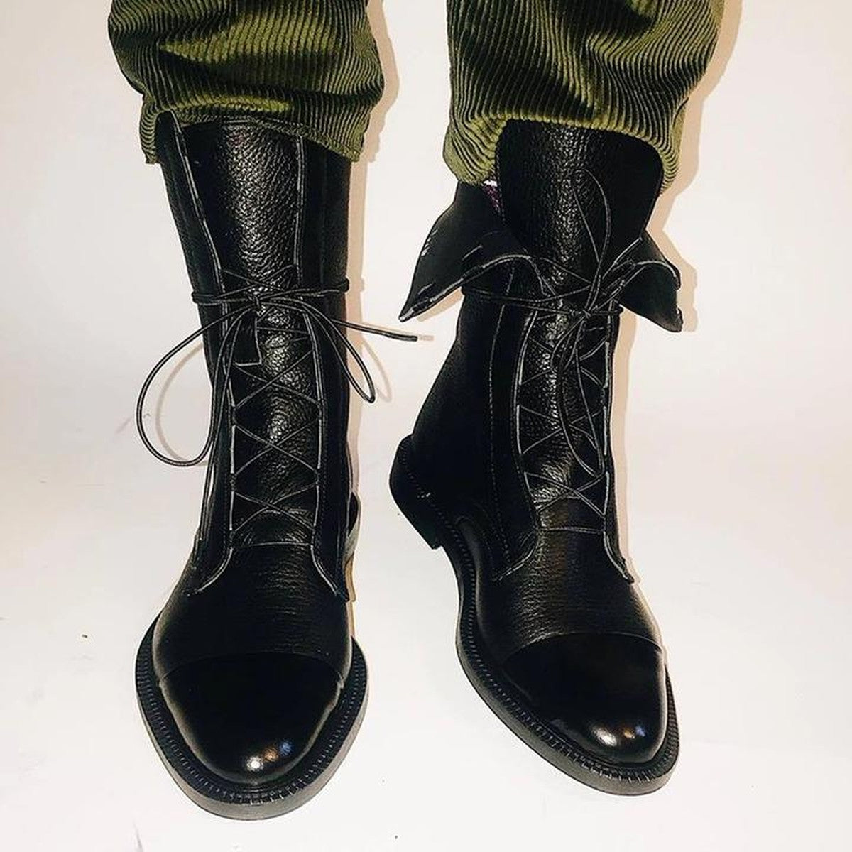 Chunky Block Heel Ankle Booties with Lace Up Front and Side Zipper