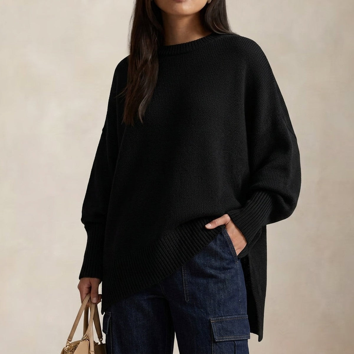 Oversized Ribbed Knit Pullover Sweater with Drop Shoulders and Crew Neck