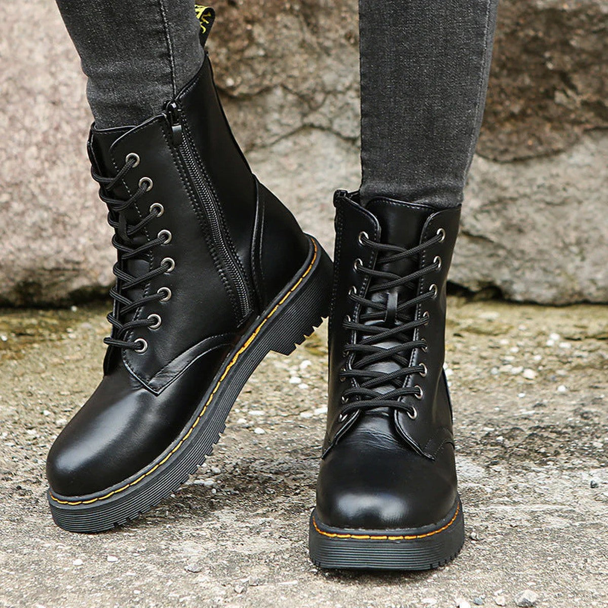 Chunky Platform Ankle Combat Boots with Lace Up and Side Zipper